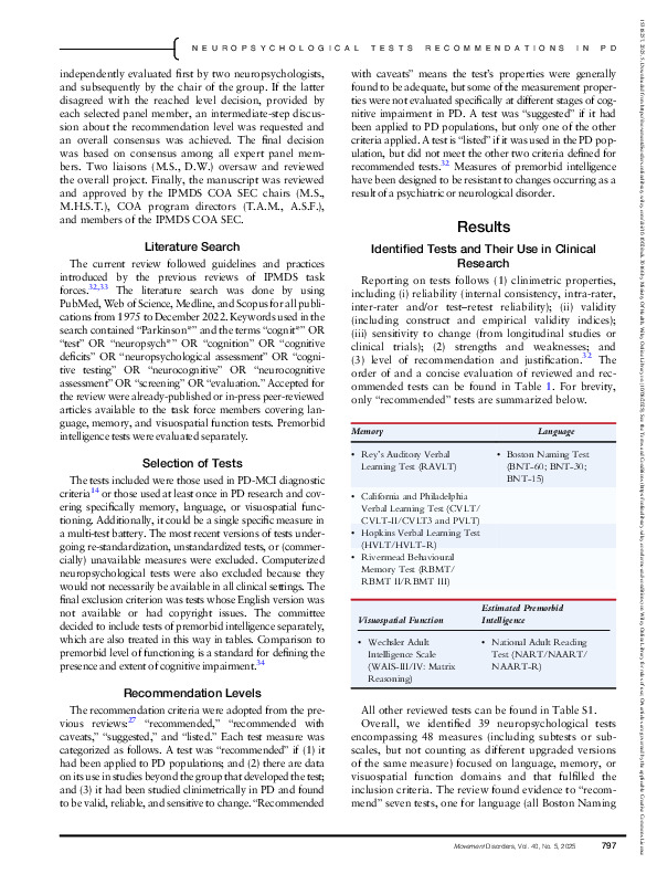 Download Neuropsychological Tests of Memory, Visuospatial, and Language Function in Parkinson's Disease: Review, Critique, and Recommendations.